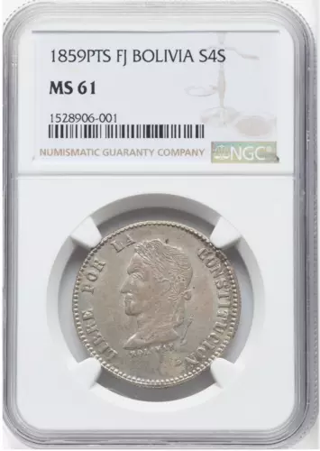 Best Price!  Bolivia 4 soles 1859 FJ inverted V in BOLIVAR, NGC MS 61 UNC KM-123