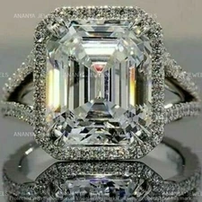 5 CT Emerald Cut Moissanite Halo Split Shank Engagement Ring 925 Sterling Silver