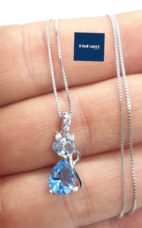 Collana donna ciondolo Gatto in Argento925 con pietra acquamarina goccia azzurro - Immagine 3 di 4