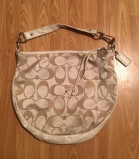COACH Sateen Beige Shimmer Large Shoulder Bag with Leather Trim No. M0868-13656P
