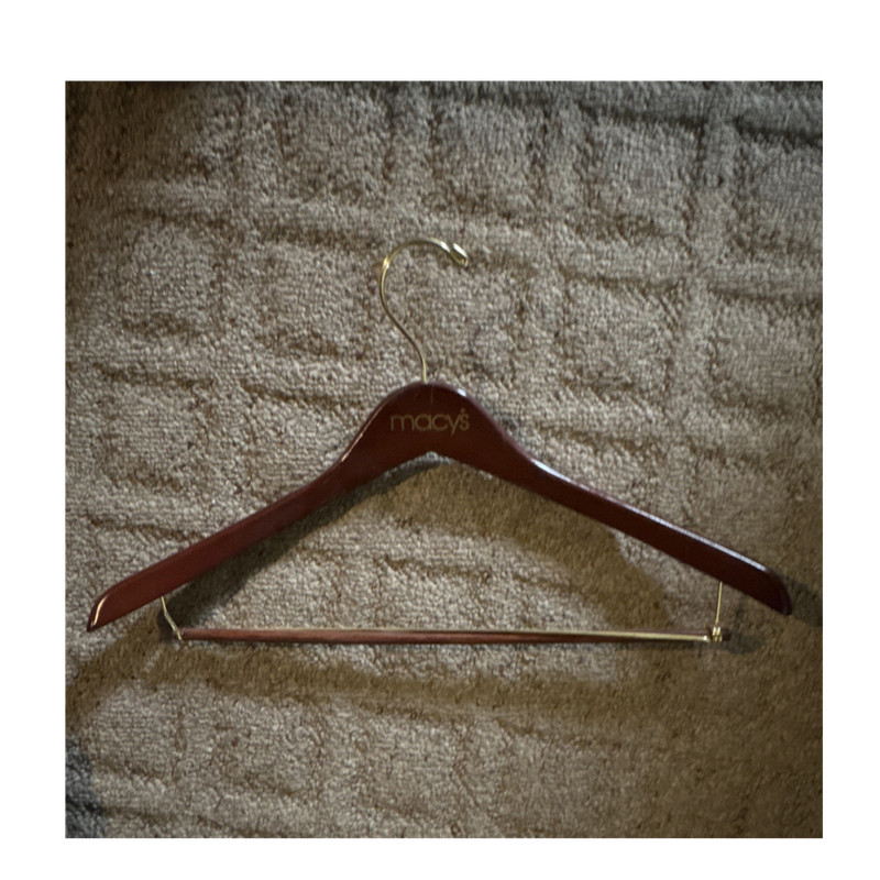 Macy's Wooden Suit Hanger w/ Metal Hook & Trouser Bar, Brown/Gold vintage