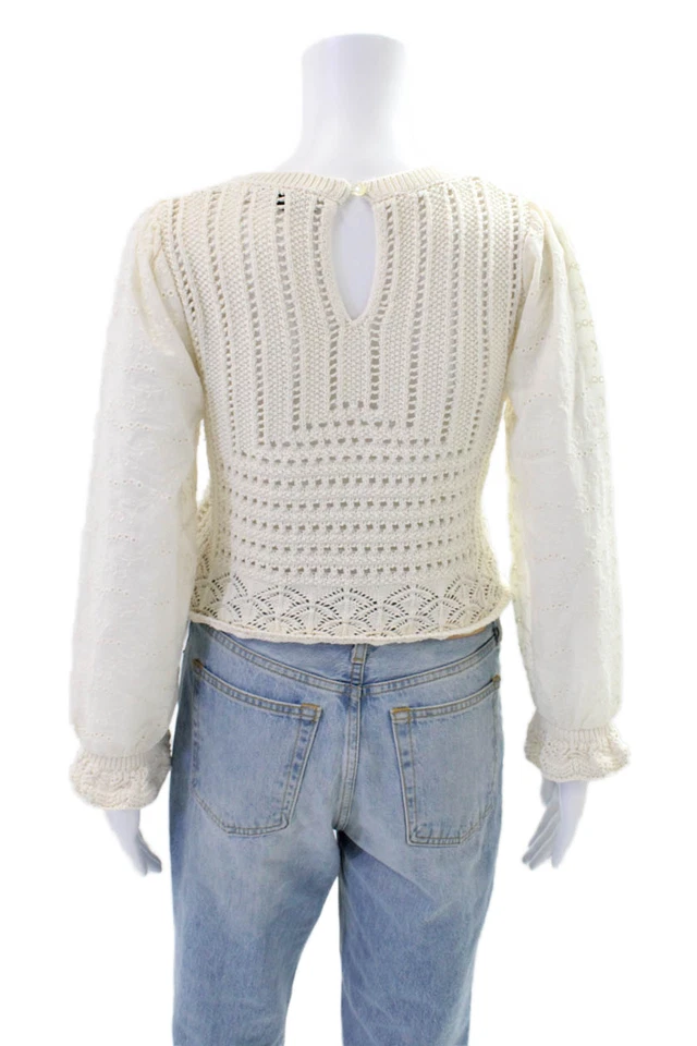 Suéter Zara Mujer Crochet Ojales Mangas Largas Blanco Algodón Talla Pequeña Foto 3 de 4