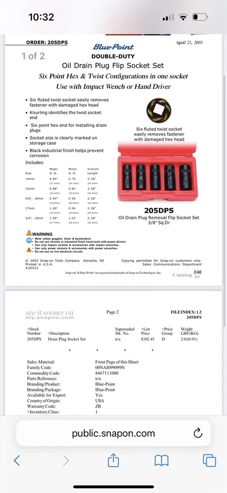 Blue Point 205DPS sold by snap on Double duty drain plug socket set New - Image 2 of 3