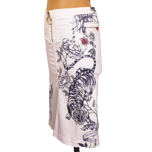 sz M VINTAGE ROBERTO CAVALLI 2003 TATTOO TIGER Floral FLAME HEART Cotton SKIRT - Picture 3 of 20