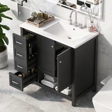 36" Bathroom Vanity with Ceramic Sink, Modern Storage Cabinet w/Doors & Drawers