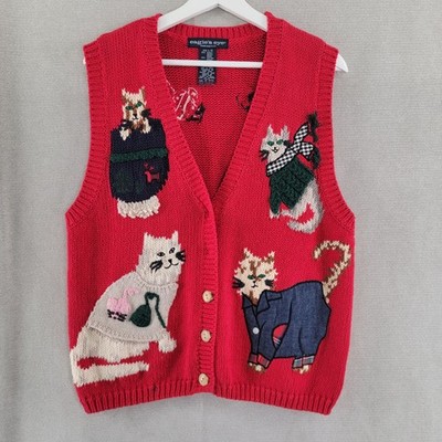 Eagles Eye Womens Sweater Vtg Embroidered Cat Cardigan Novelty Vest Size Large