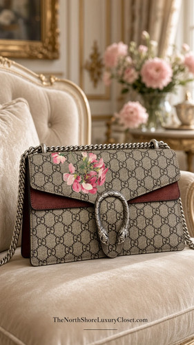 Gucci GG Supreme Dionysus shoulder bag featuring a Blooms print and a distinctiv