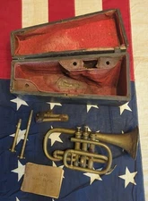Antique Spanish American War Solid Brass Cornet With Orig Box & Army Song Book
