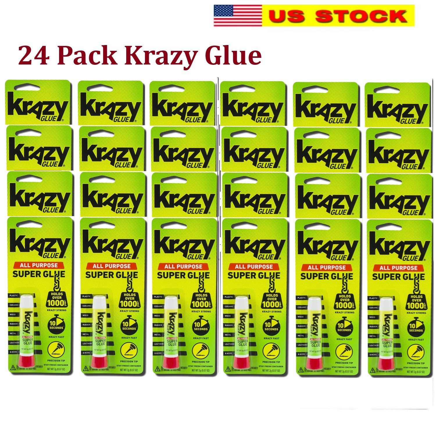 24Pk Krazy Glue All Purpose, Super Glue, Crazy Glue .07oz (2g) Each Tube