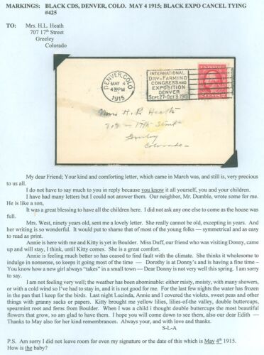 May 4 1915 Denver Co Cds, THIN BORDER MOURNING COVER w Letter, EXPOSITION! #425 - Picture 1 of 2