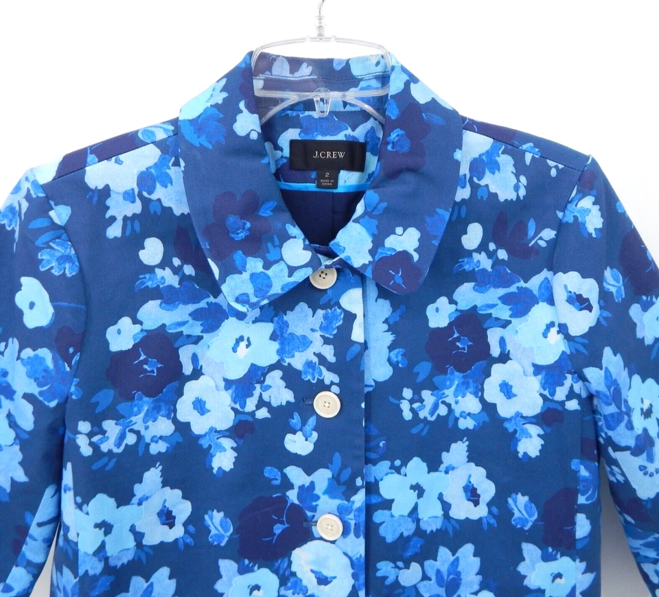 J CREW Chaqueta Blazer Recortado Algodón Elástico Floral Manga 3/4 Business Azul 2 Foto 2 de 4