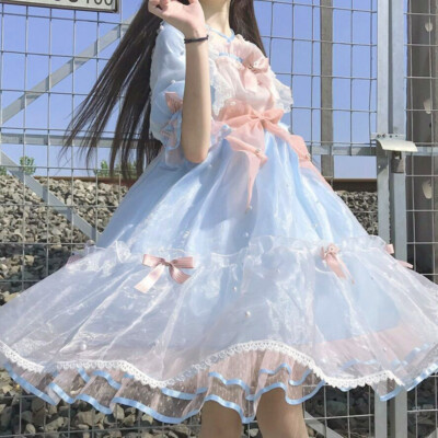 Lolita Girls Bow Princess A-Line Dress Japanese Cosplay Kawaii Party Dress Cute