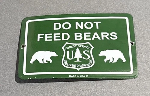 VINTAGE 12” 1953 SMOKEY BEAR FEED PORCELAIN SIGN CAR GAS TRUCK OIL MOTORCYCLE