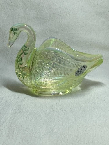 Vintage Fenton Topaz Opalescent Iridized Hand painted Swan dish
