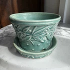 Vintage Turquoise McCoy Planter Hobnail and Leaves Design with Saucer Skinny 3x4