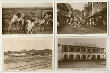 Aden 4 old postcards, Malla Wharf and Aden Railway, Tin Bazaar, Group of camels,