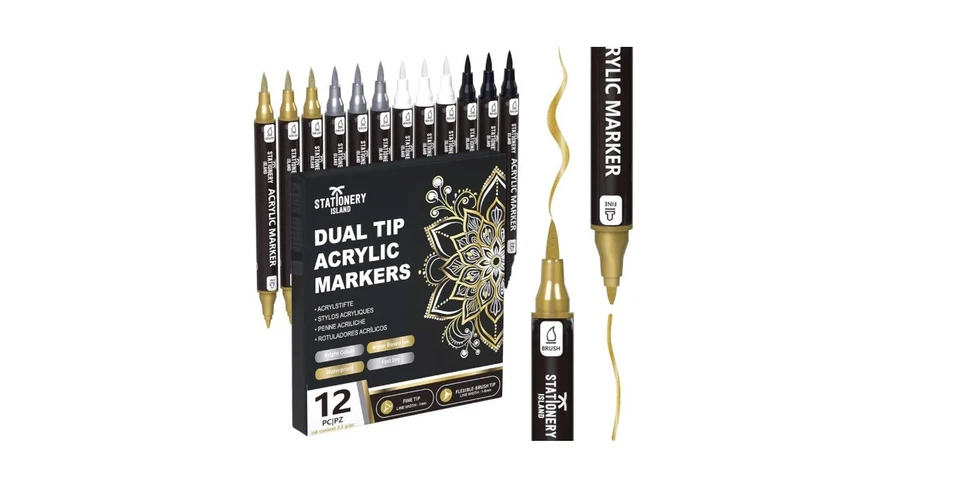 BRANDED Acrylic Paint Pens 12 PCS – Metallic Gold Silver White Black, Dual Tip Markers.