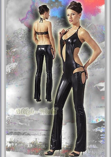 Halterneck Wetlook Party Gloss Jumpsuit Black - Picture 2 of 2