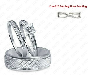 EXQUISITE DIAMOND HIS & HER WEDDING ENGAGEMENT RING TRIO SET 925 STERLING SILVER