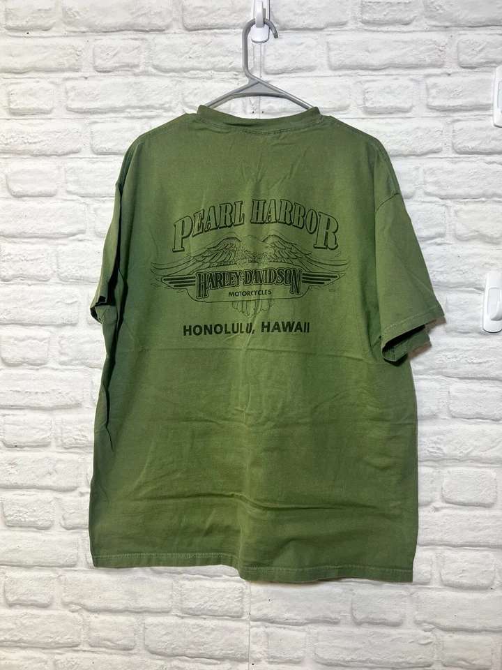 Винтажная мужская футболка Harley-Davidson XL Pearl Harbor 1998 Y2K армейская зеленая - Изображение 2 из 4