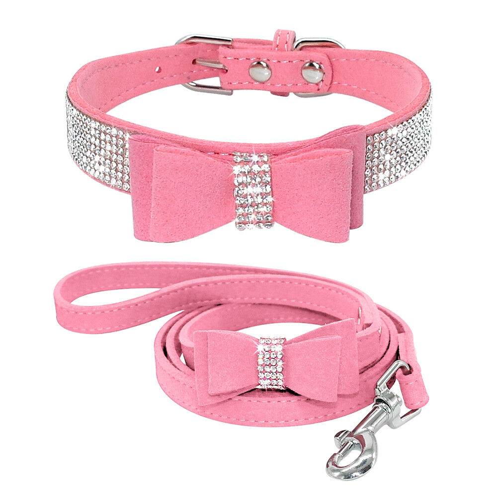 Rhinestone Dog Collar and Leash Soft Suede Bow Necklace for Puppy Cat Small  Dogs