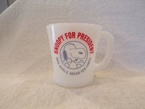 Fire-King Snoopy For President Mrs. Karl's Bread Advertising Coffee Mug