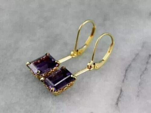 4Ct Emerald Cut Lab Created Amethyst Drop/Dangle Earrings 14K Yellow Gold Plated - Picture 3 of 5