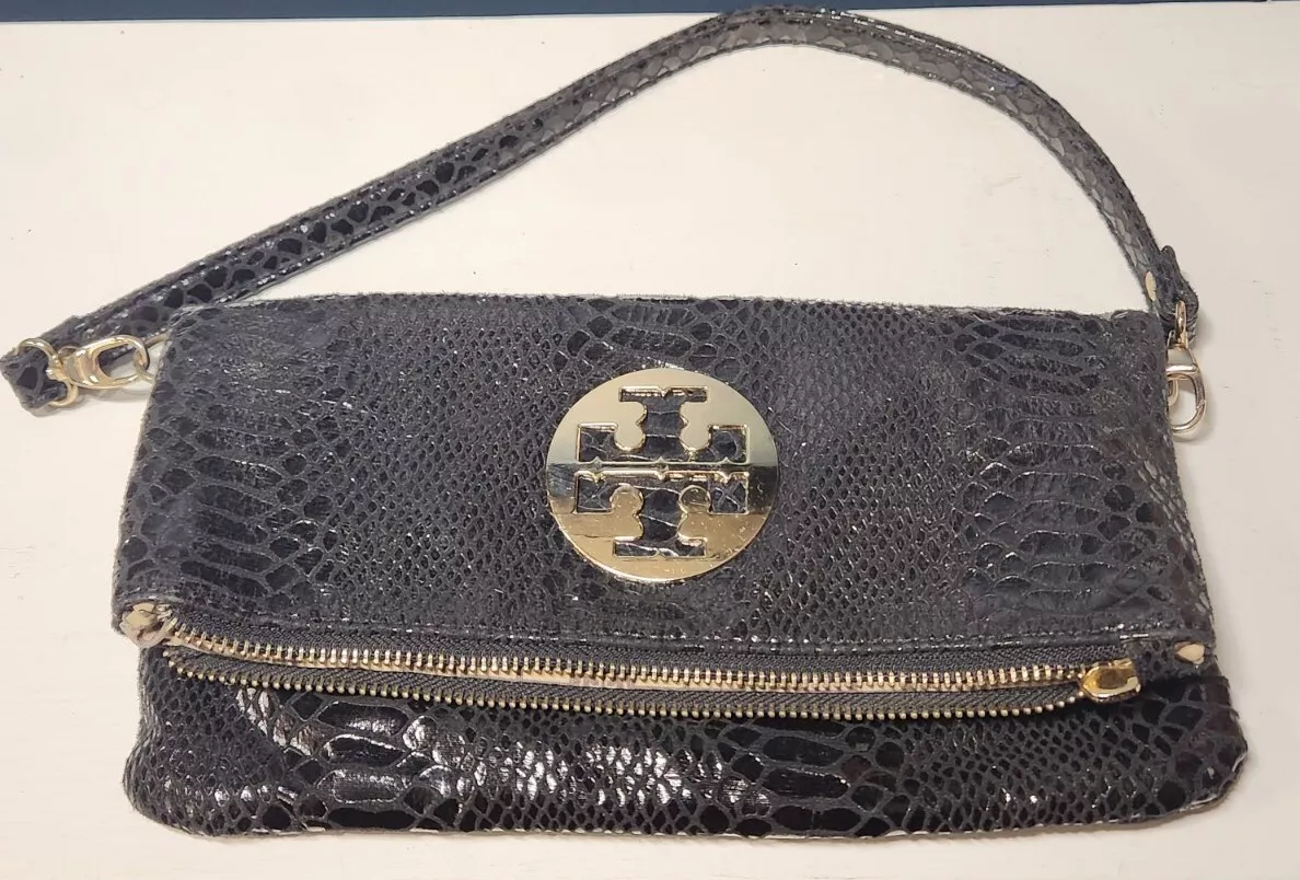 Authentic Tory Burch Black Snake Skin Fold Over Shoulder Bag Clutch Purse