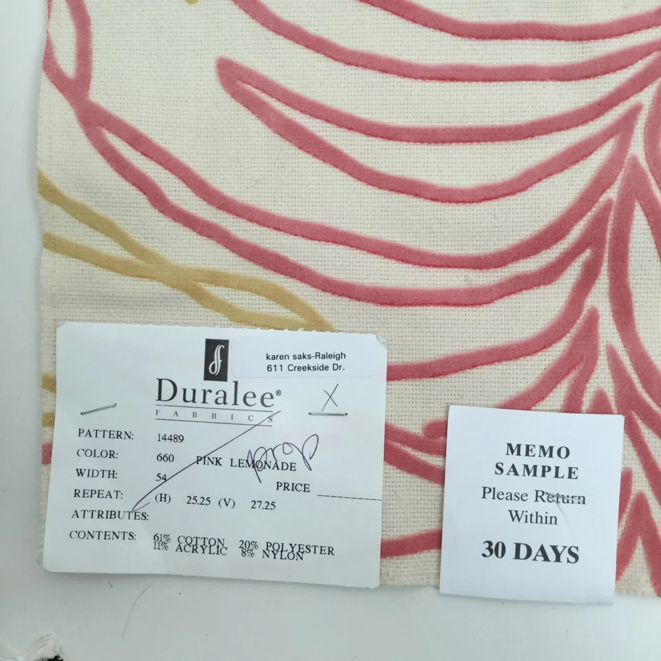 Duralee Upholstery Swatch Pink Lemonade Yellow Embossed Velvet Palm Fronds 25x26 - Image 3 of 4