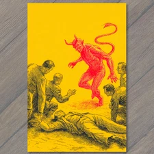 POSTCARD Red Devil Surrounded by Men Vintage Style Yellow Background Dramatic Ar