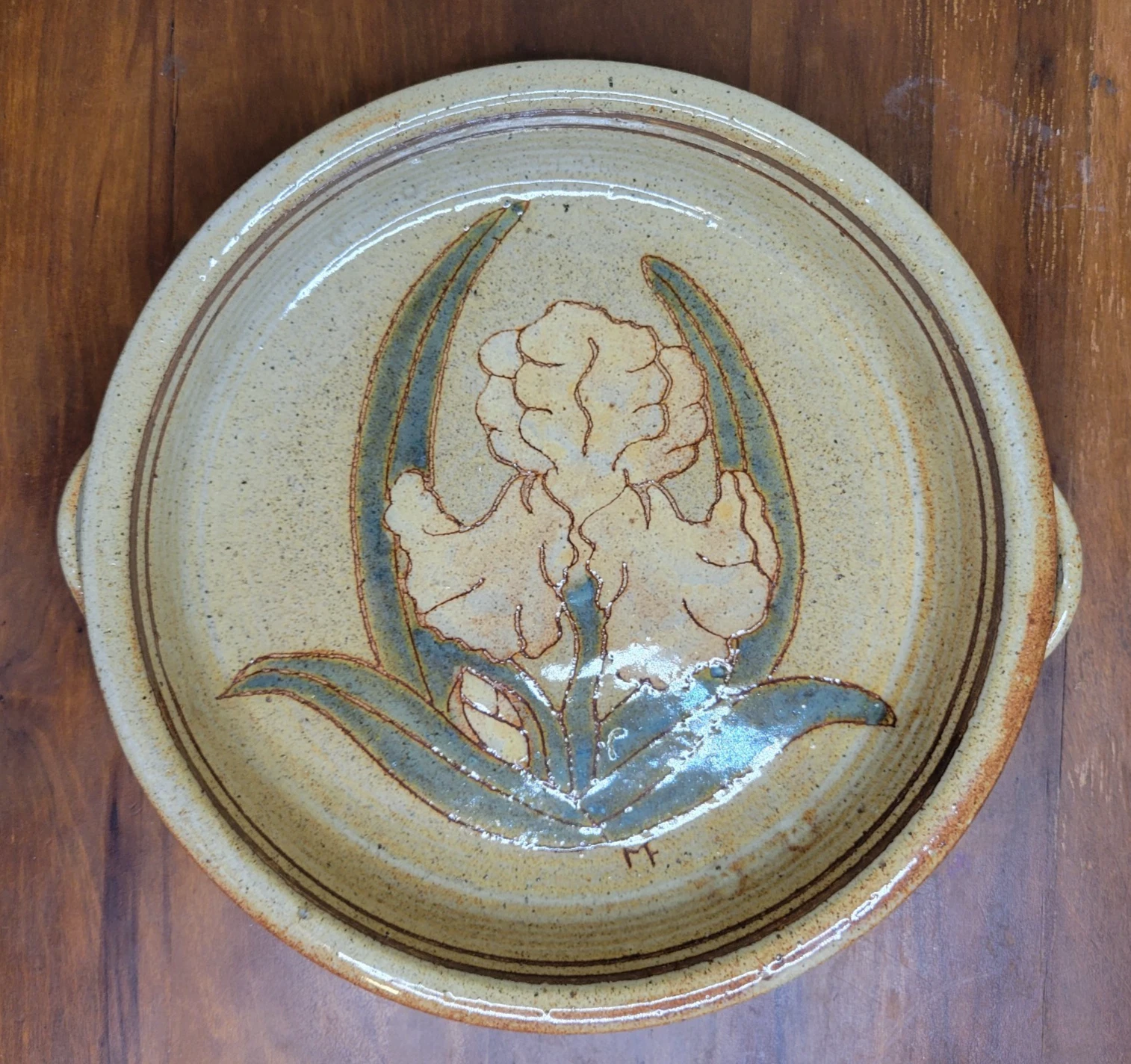 Handmade Studio Pottery 10" Double Handle Daffodil Pie Dish Cottage Core