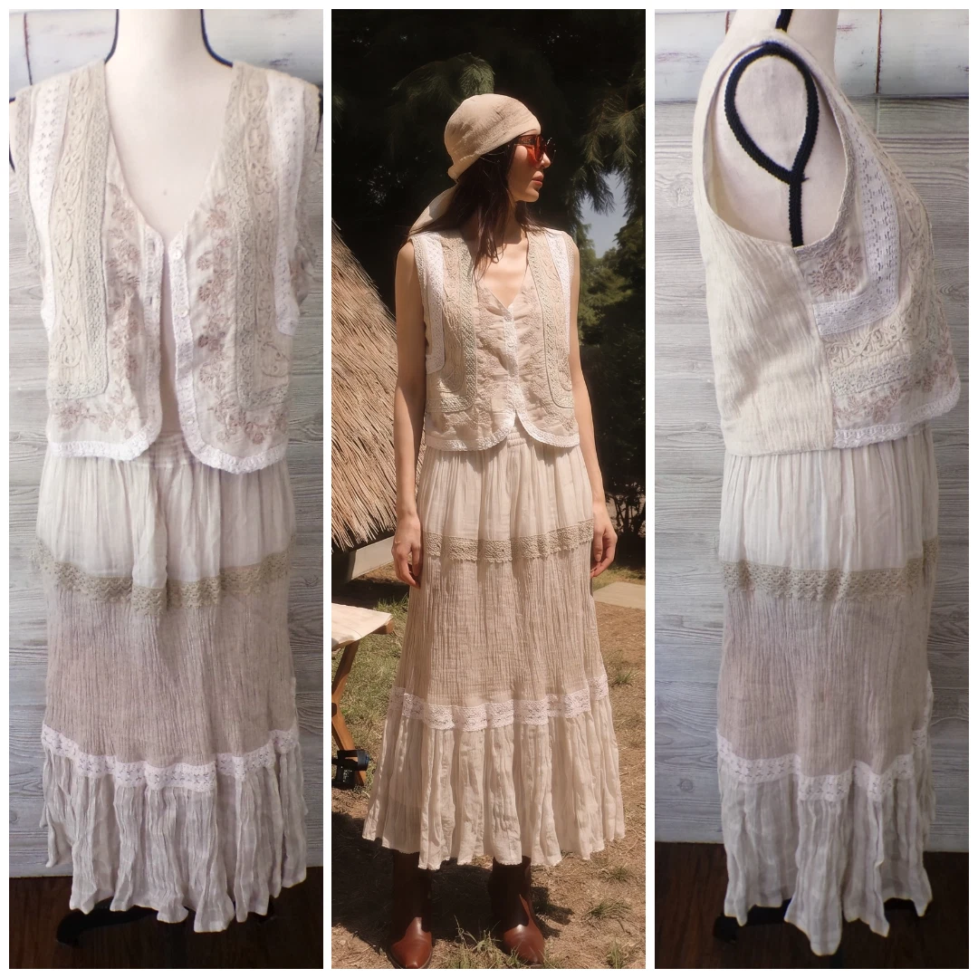Y2k Midi Skirt & Vest S Tiered Ruffle Lace Embroidery Gauze Boho Cottagecore vtg