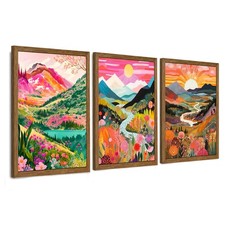 3 Piece Colorful Watercolor Mountain Canvas Wall Art Boho Floral Painting Pic...