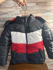Tommy Hilfiger Unisex Kids Puffer Jacket M Black Red White Hooded Insulated