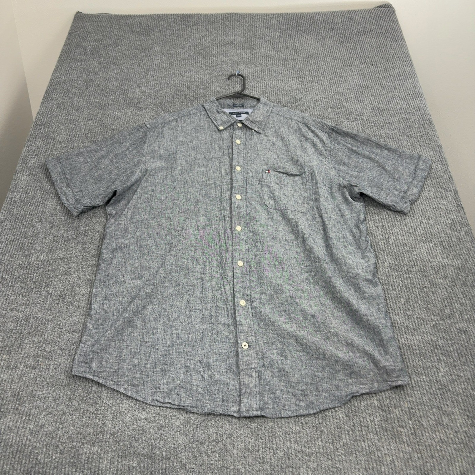 Tommy Hilfiger Button Down Shirt Mens 2XLT Grey Cotton Linen Short Sleeve Casual