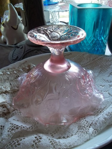 Rare Fenton Iridescent Glass Pink Stretch Velva Rose Water Lillie Pedestal Bowl - Picture 16 of 17