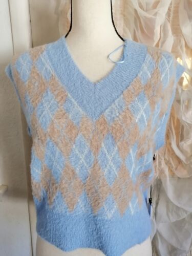 New Women SWEATER VEST Women’s S Super Soft Blue Brown V Neck