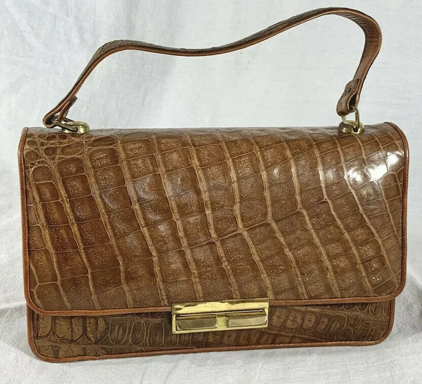 Genuine Caiman Crocodile Tan/Brown Skin and Leather Satchel Bag Made in Mexico
