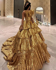 Gold Sparkly Luxury Evening Dresses Tiered Pleated Sleeveless Prom Party Gowns
