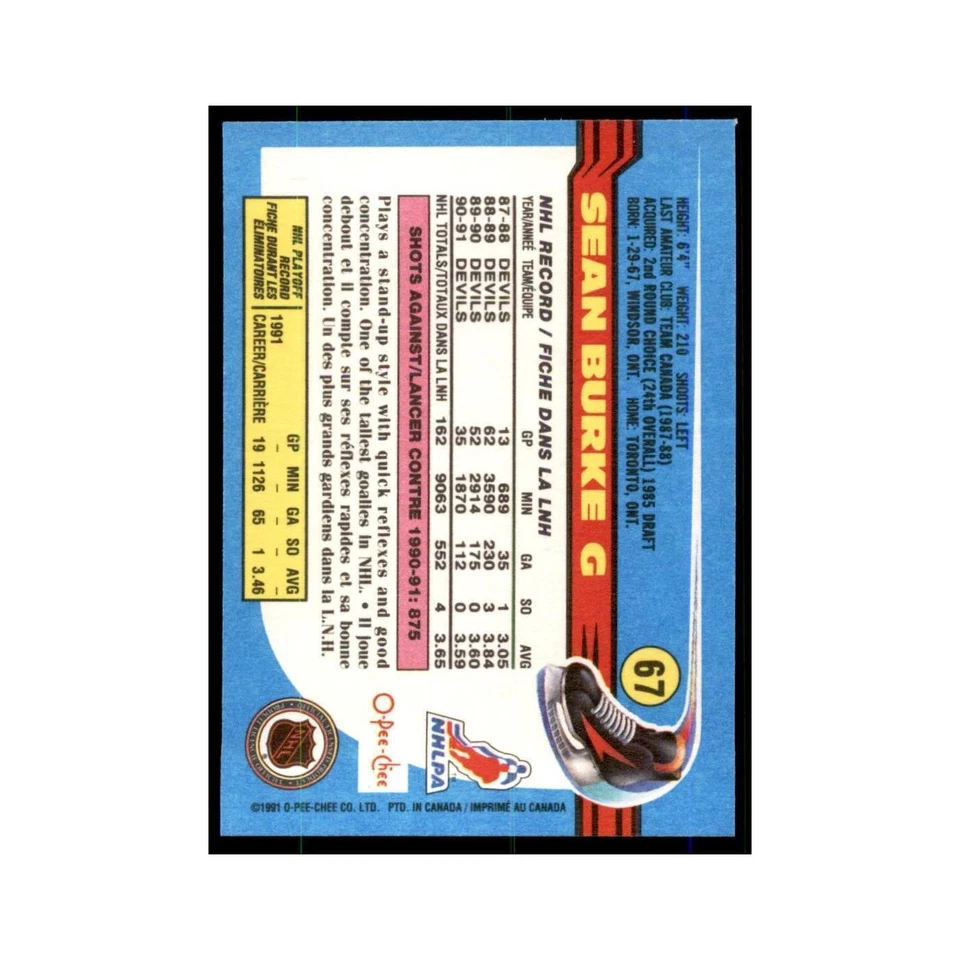 Sean Burke 1991 O-Pee-Chee #67 New Jersey Devils Hockey Card NM - Image 2 of 3