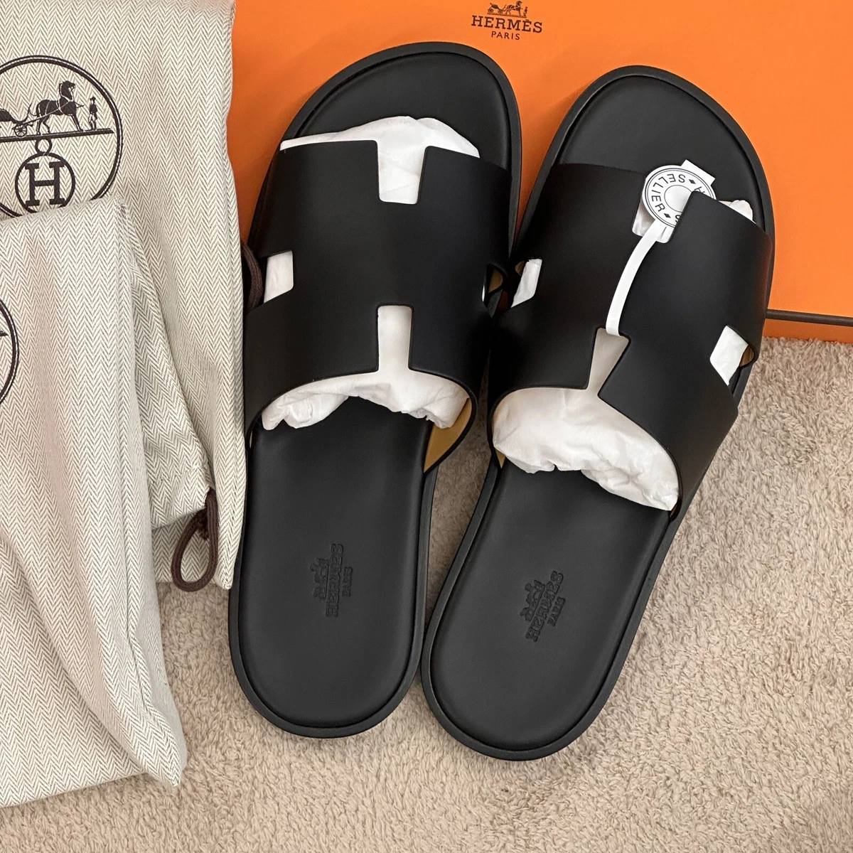 NEW Hermes Izmir Sandal Slipper 44 Black Leather / new in box with 