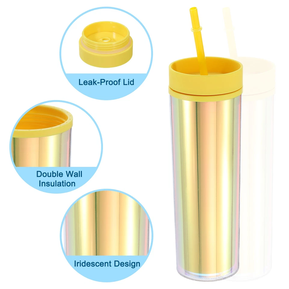 Vaso de acrílico delgado con tapa y pajita 16 oz vasos iridiscentes amarillo Foto 3 de 4