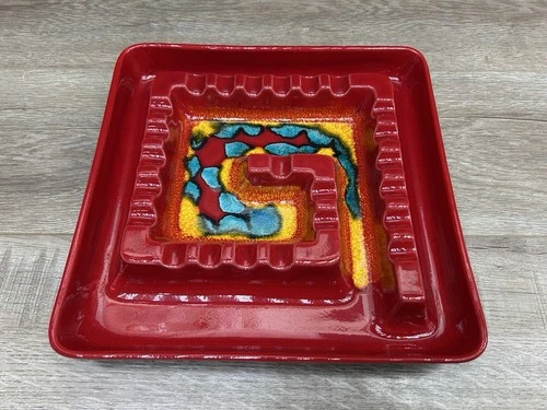 Vintage Royal Haeger USA Mid Century Red Drip Glaze Ceramic Ashtray R1786