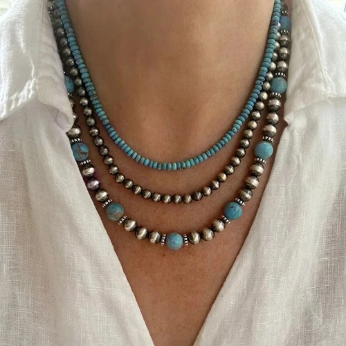 3Pcs Pearl Turquoise Beaded Necklace Set Boho Vintage Choker Women Jewelry - product listing photo