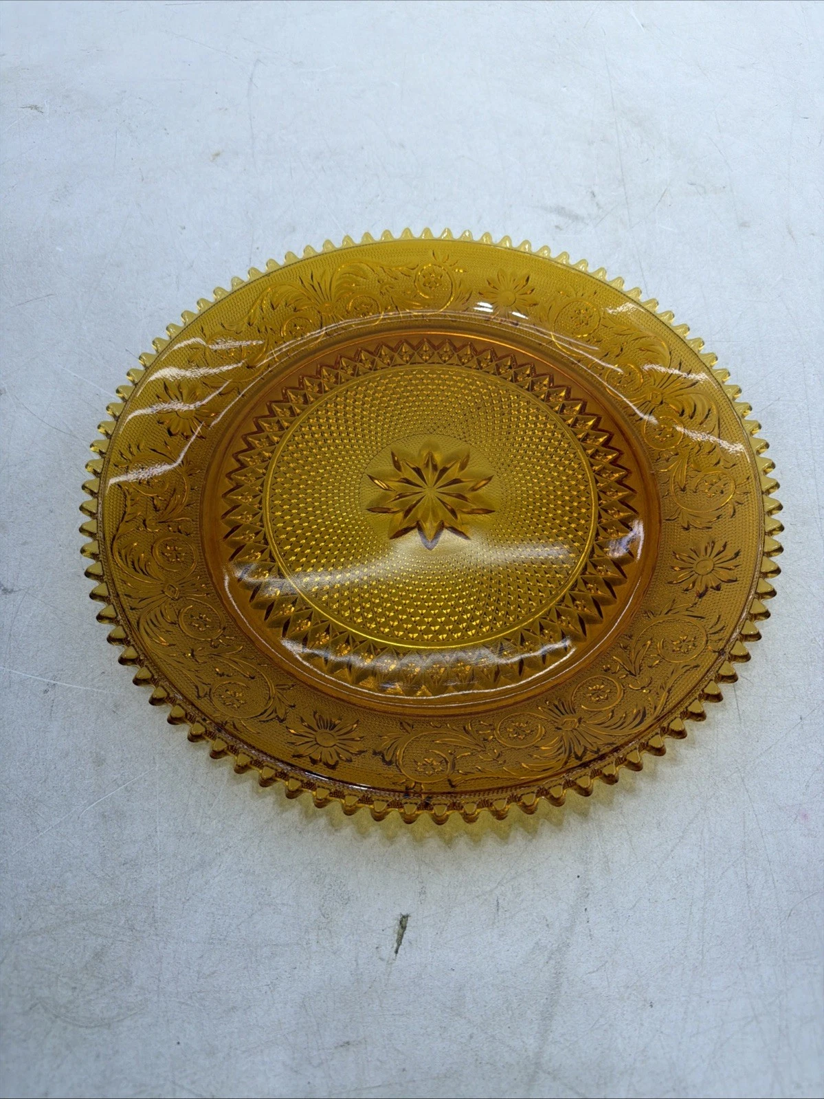 The Vintage Duncan Miller Sandwich Glass Amber 12 1/8" Sawtooth Serving Platter