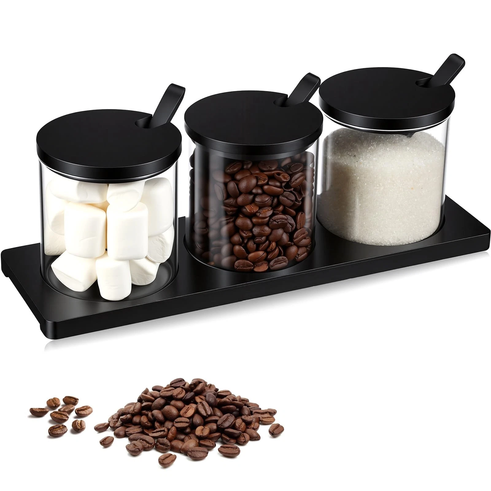 3 Pcs Coffee Bar Set Glass Condiment Jars with Wooden Lids Spoons Spice Jar w...