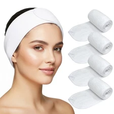 4-Pack Cotton Terry Spa Headbands - Anti-Snag Closure Facial Hair Wrap AH1003x4