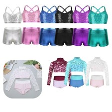 Kids Girls Dance Outfit 2 Pieces Crop Bra Top Bottoms Ballet Dancewear Swimwear