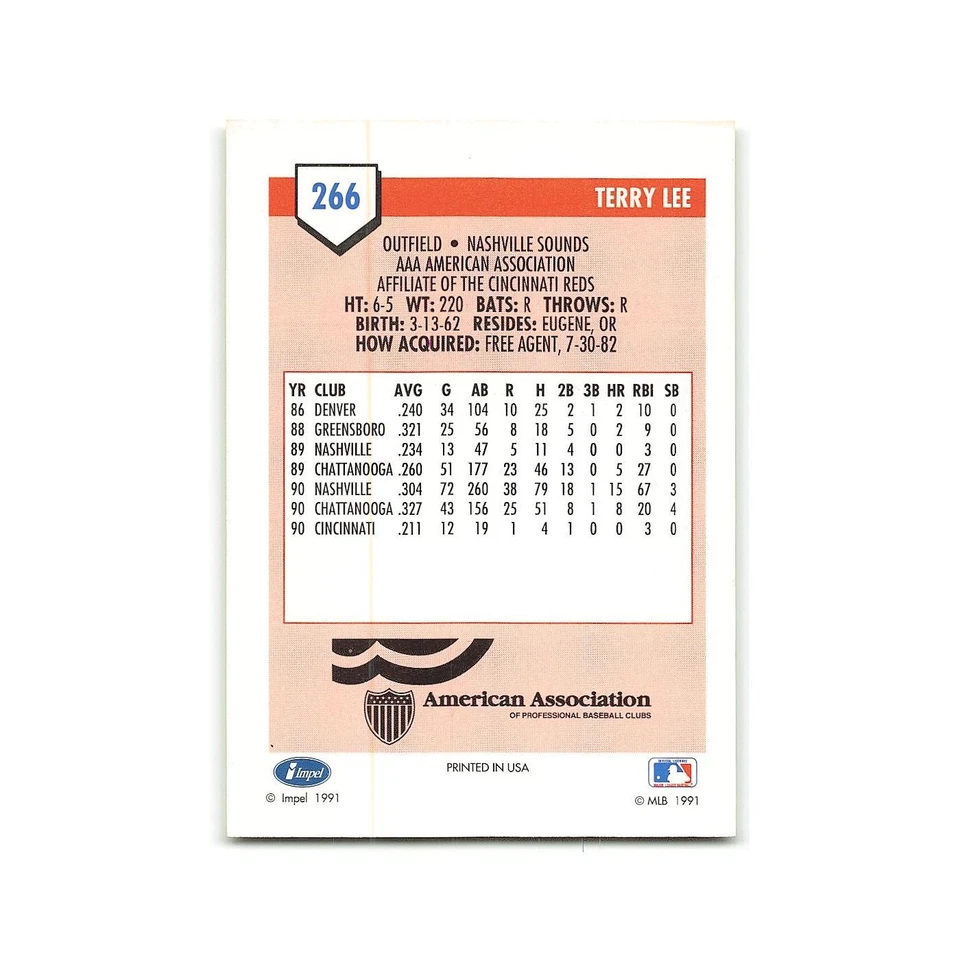 Terry Lee 1991 Line Drive AAA #266 Nashville Sounds Baseball Card NM - Image 2 of 3