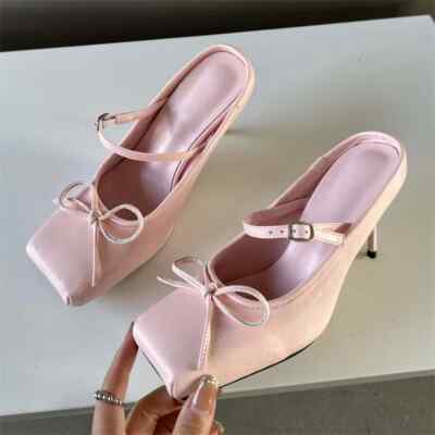 Women Bowknot Square Toe Pumps Sexy Buckle Strap Thin High Heels Slippers Shoes